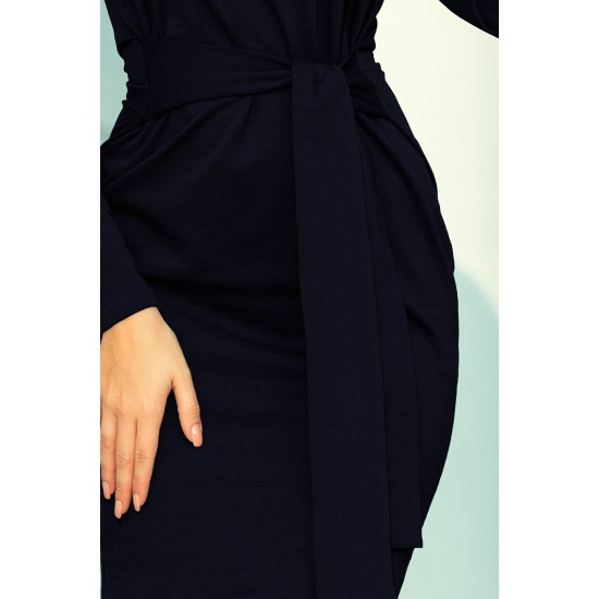 Dress with a wide tied belt - navy blue color (209-4-S)