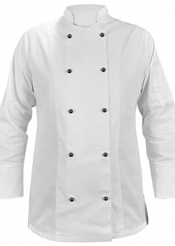 Balta sieviešu pavāra blūze ar garām piedurknēm, ar melnām pogām (MG21RD-BCZ)