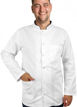 Vīriešu medicīniskā blūze ar stāvapkakli balta ar stāvapkakli tumši zila ar garām piedurknēm  Vīriešu medicīniskā blūze ar stāvapkakli balta ar stāvapkakli tumši zila ar garām piedurknēm