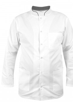 Vīriešu medicīniskā blūze ar stāvapkakli baltā krāsā ar pelēku stāvapkakli garām piedurknēm Vīriešu medicīniskā blūze ar stāvapkakli baltā krāsā ar pelēku stāvapkakli garām piedurknēm