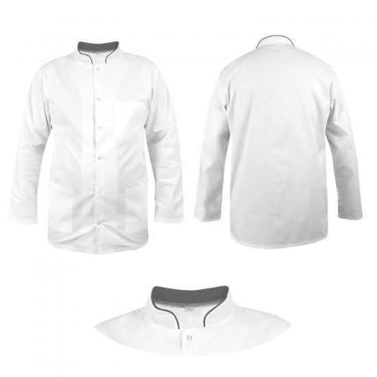 Men's medical blouse with stand-up collar white with grey stand-up collar long sleeve