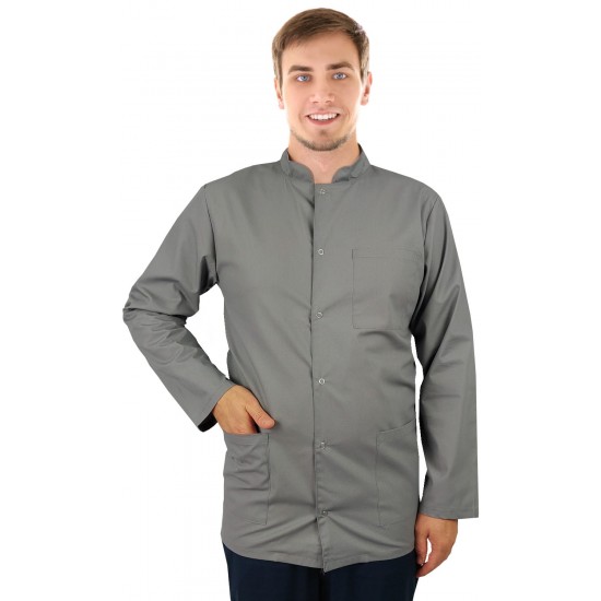 Men's medical blouse with stand-up collar grey long sleeve