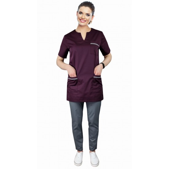 Medical gown plum trim grey short sleeve size XXL