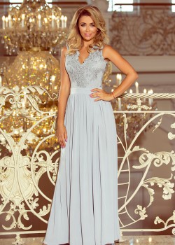 215-1 LEA kleita ar garām piedurknēm ar izšūtu dekoltē - sudraba krāsā 215-1 LEA kleita ar garām piedurknēm ar izšūtu dekoltē - sudraba krāsā