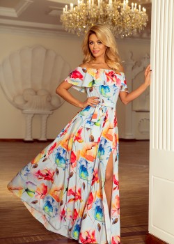 194-1 Gara kleita ar volāniem - krāsaini krāsoti ziedi 194-1 Gara kleita ar volāniem - krāsaini krāsoti ziedi