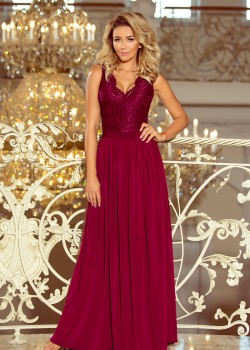 211-2 LEA gara kleita ar mežģīņu kakla izgriezumu - bordo krāsā 211-2 LEA gara kleita ar mežģīņu kakla izgriezumu - bordo krāsā