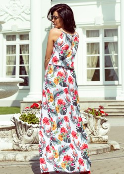 191-4 Gara kleita piesieta pie kakla - ziedi uz balta fona 191-4 Gara kleita piesieta pie kakla - ziedi uz balta fona