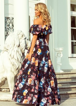 194-3 Gara kleita ar volānu - melna + krāsaini ziedi 194-3 Gara kleita ar volānu - melna + krāsaini ziedi