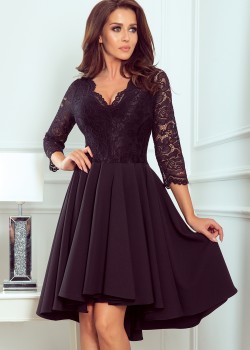 210-10 NICOLLE - kleita ar garāku muguru ar mežģīņu kakla izgriezumu - Melna 210-10 NICOLLE - kleita ar garāku muguru ar mežģīņu kakla izgriezumu - Melna