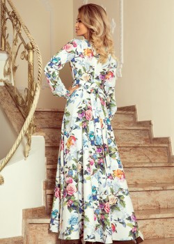 245-1 Gara kleita ar volānu un dekoltē - krāsainas rozes un zili putni 245-1 Gara kleita ar volānu un dekoltē - krāsainas rozes un zili putni