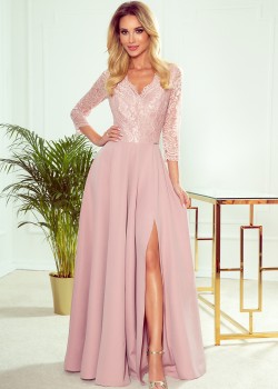 309-4 AMBER eleganta mežģīņu gara kleita ar kakla izgriezumu - netīri rozā 309-4 AMBER eleganta mežģīņu gara kleita ar kakla izgriezumu - netīri rozā