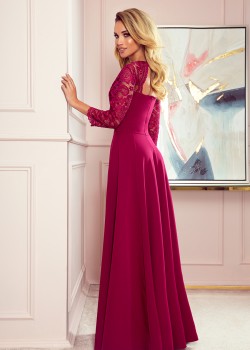 309-1 AMBER eleganta mežģīņu gara kleita ar kakla izgriezumu - Burgundijas krāsā 309-1 AMBER eleganta mežģīņu gara kleita ar kakla izgriezumu - Burgundijas krāsā