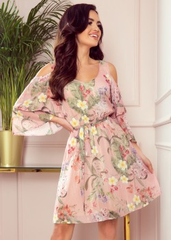 292-1 MARINA šaura kleita ar kakla izgriezumu - rozā ar ziediem 292-1 MARINA šaura kleita ar kakla izgriezumu - rozā ar ziediem