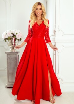 309-3 AMBER eleganta mežģīņu gara kleita ar kakla izgriezumu - sarkanā krāsā 309-3 AMBER eleganta mežģīņu gara kleita ar kakla izgriezumu - sarkanā krāsā