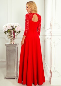 309-3 AMBER eleganta mežģīņu gara kleita ar kakla izgriezumu - sarkanā krāsā 309-3 AMBER eleganta mežģīņu gara kleita ar kakla izgriezumu - sarkanā krāsā
