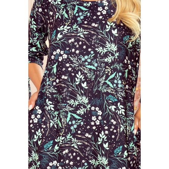 281-4 SOPHIE Ērta Oversize kleita - lapas uz tumša fona