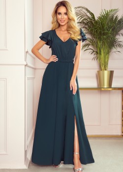 310-1 LIDIA gara kleita ar kakla izgriezumu un volāniem - zaļa 310-1 LIDIA gara kleita ar kakla izgriezumu un volāniem - zaļa