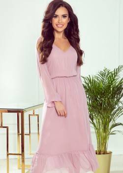 304-1 Šifona midi kleita ar kakla izgriezumu un volānu - netīri rozā 304-1 Šifona midi kleita ar kakla izgriezumu un volānu - netīri rozā