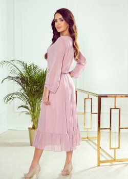 304-1 Šifona midi kleita ar kakla izgriezumu un volānu - netīri rozā 304-1 Šifona midi kleita ar kakla izgriezumu un volānu - netīri rozā