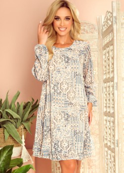 319-2 HANNAH šifona kleita ar kakla izgriezumu aizmugurē - bēša un zila boho raksta 319-2 HANNAH šifona kleita ar kakla izgriezumu aizmugurē - bēša un zila boho raksta