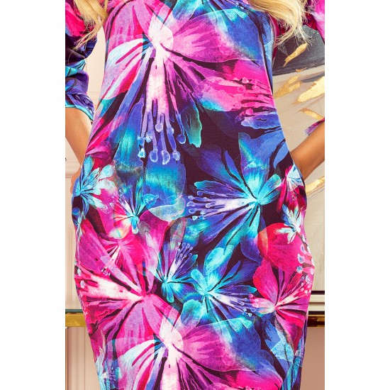 323-1 Ērta OVERSIZE kleita - zili un rozā ziedi