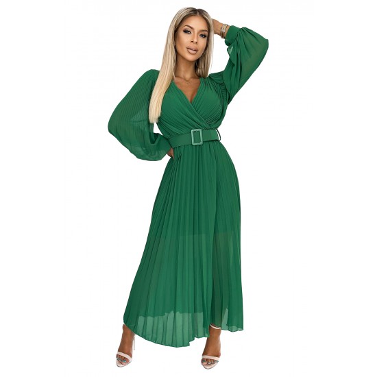 414-3 KLARA pleated dress with a belt and a neckline - green     