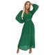 414-3 KLARA pleated dress with a belt and a neckline - green     