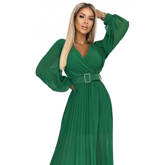 414-3 KLARA pleated dress with a belt and a neckline - green     