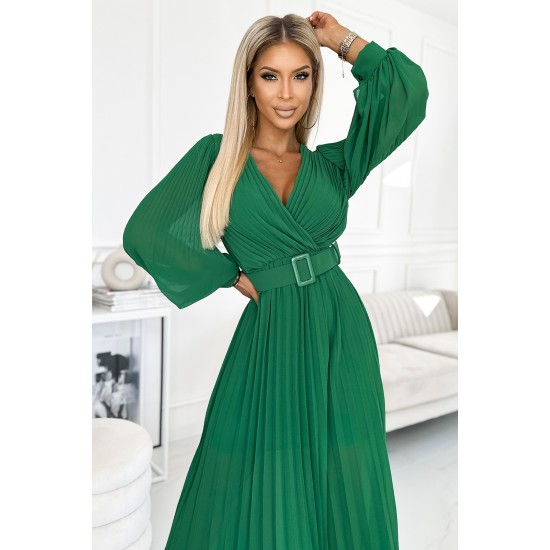 414-3 KLARA pleated dress with a belt and a neckline - green     