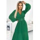 414-3 KLARA pleated dress with a belt and a neckline - green     