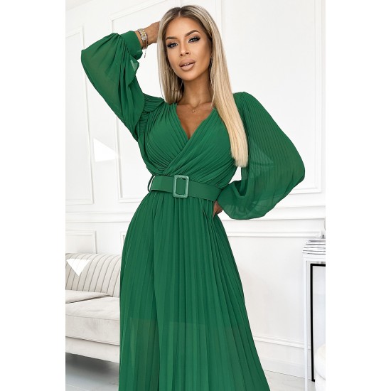 414-3 KLARA pleated dress with a belt and a neckline - green     