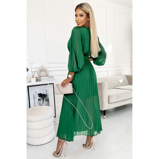 414-3 KLARA pleated dress with a belt and a neckline - green     