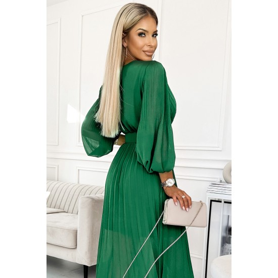 414-3 KLARA pleated dress with a belt and a neckline - green     