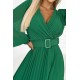 414-3 KLARA pleated dress with a belt and a neckline - green     