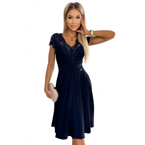 381-4 LINDA - chiffon dress with lace neckline - Navy blue     