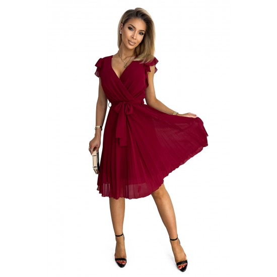 374-2 POLINA Pleated dress with a neckline and frills - Burgundy color     