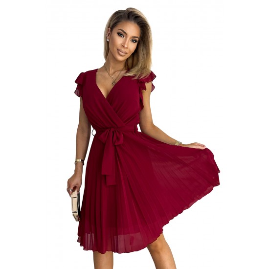 374-2 POLINA Pleated dress with a neckline and frills - Burgundy color     