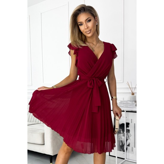 374-2 POLINA Pleated dress with a neckline and frills - Burgundy color     