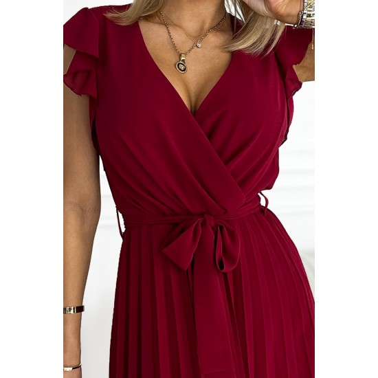 374-2 POLINA Pleated dress with a neckline and frills - Burgundy color     