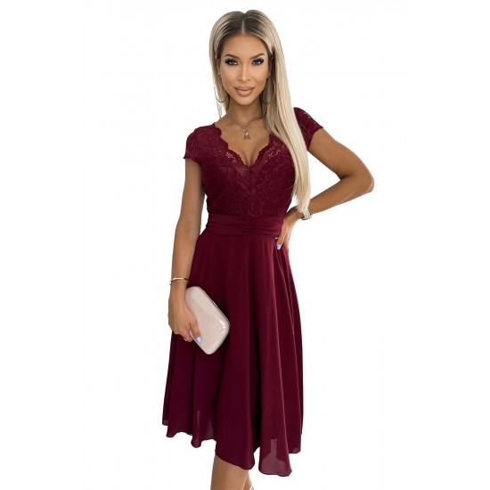 381-5 LINDA - chiffon dress with lace neckline - Burgundy color     