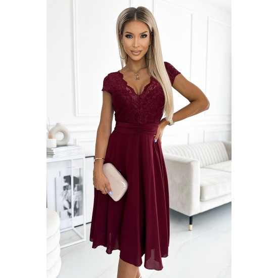 381-5 LINDA - chiffon dress with lace neckline - Burgundy color     