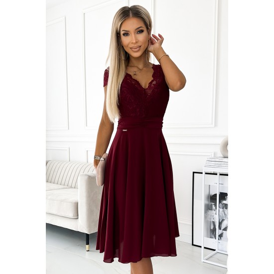 381-5 LINDA - chiffon dress with lace neckline - Burgundy color     