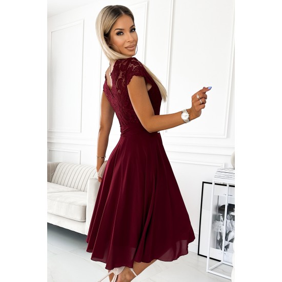 381-5 LINDA - chiffon dress with lace neckline - Burgundy color     