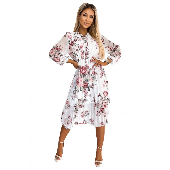 449-1 CARLA Pleated midi dress with buttons and long sleeves - roses on a white background     