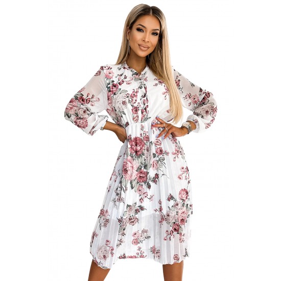 449-1 CARLA Pleated midi dress with buttons and long sleeves - roses on a white background     