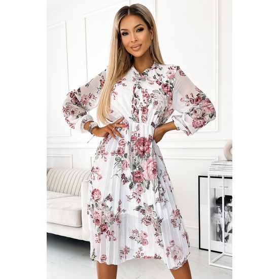 449-1 CARLA Pleated midi dress with buttons and long sleeves - roses on a white background     