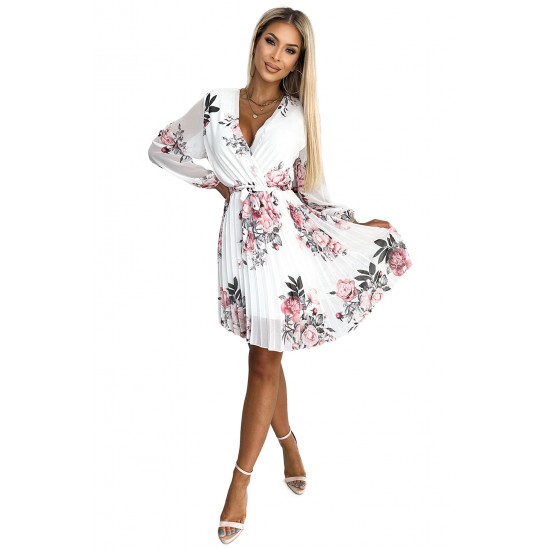 415-2 YSABEL Pleated dress with a neckline, long sleeves and a belt - white with roses     