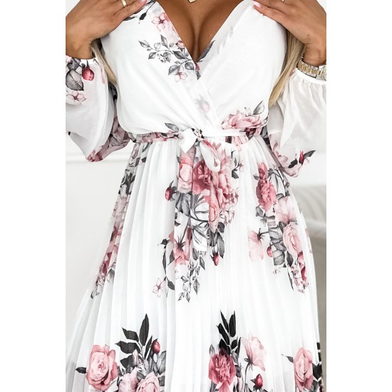 415-2 YSABEL Pleated dress with a neckline, long sleeves and a belt - white with roses     