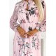 449-4 CARLA Pleated midi dress with buttons and long sleeves - roses on a pastel pink background     