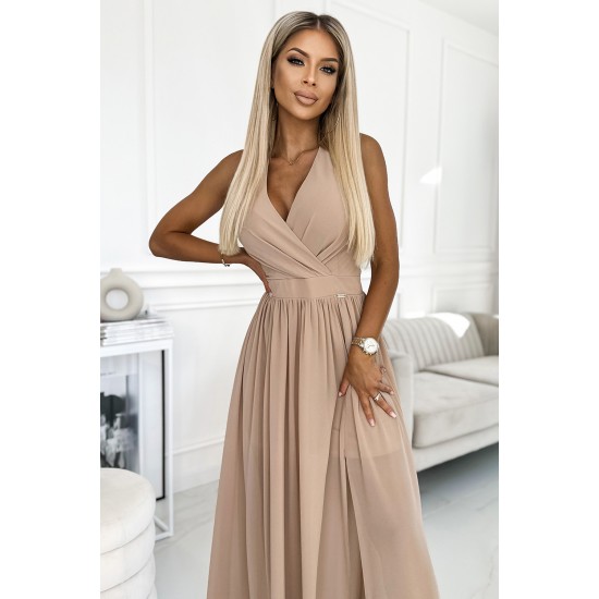 362-6 JUSTINE Long dress with a neckline and a tie - beige     